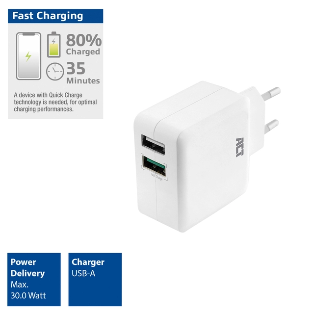 Een Oplader ACT USB 2 poorts Quickcharge 30W wit koop je bij VHK Kantoorartikelen