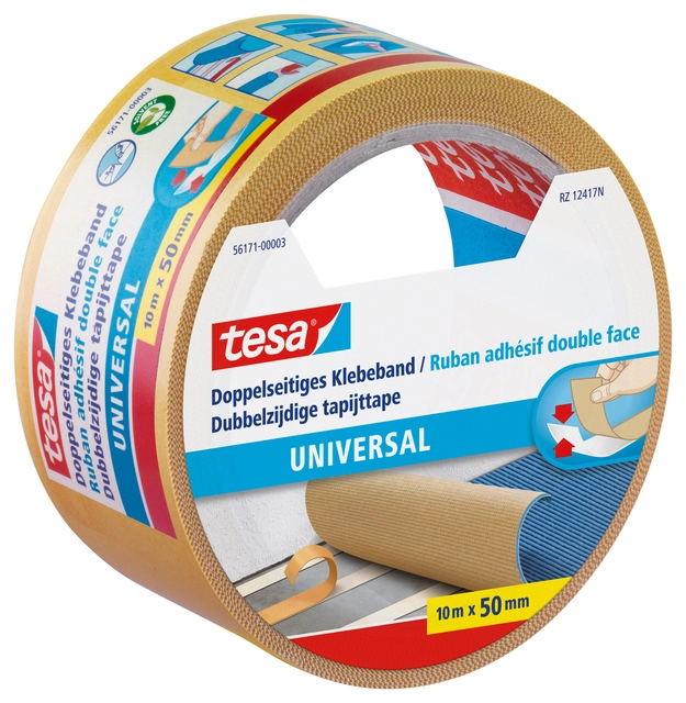 Een Tapijttape tesa® universal 10mx50mm dubbelzijdig wit koop je bij VHK Kantoorartikelen