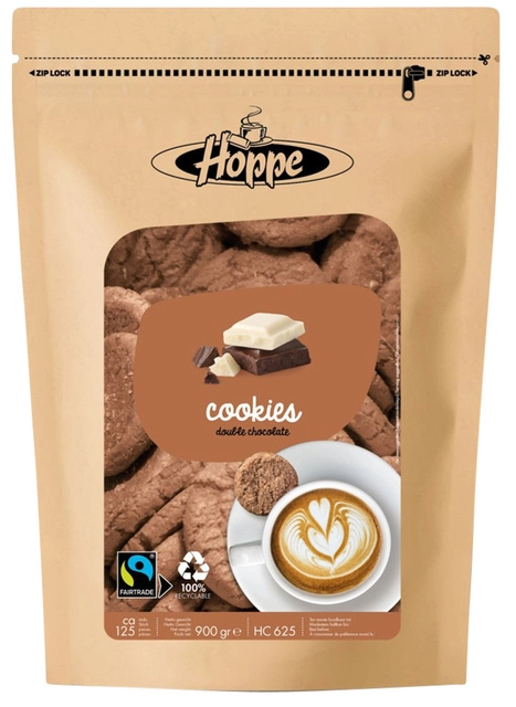 Een Koekjes Hoppe Cookies fairtrade double chocolate circa 125stuks koop je bij VHK Kantoorartikelen