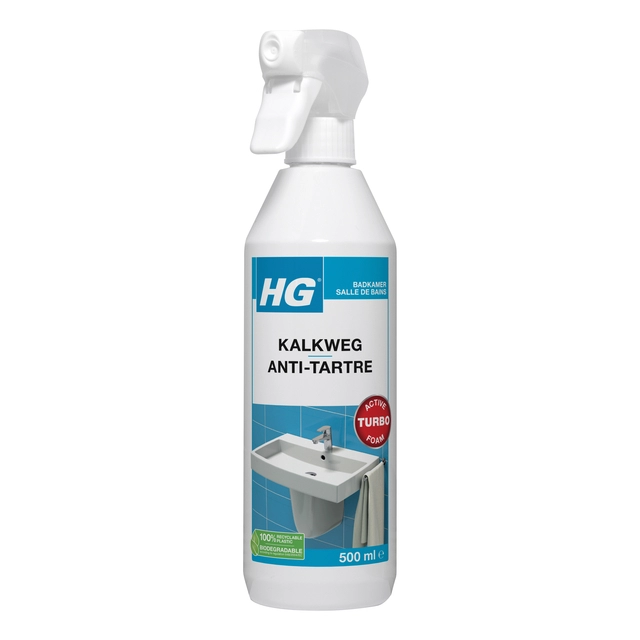 Een Sanitairreiniger HG kalkweg schuimspray 500ml koop je bij VHK Kantoorartikelen