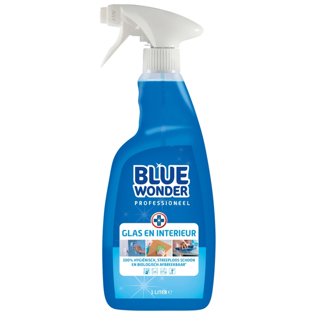 Een Glasreiniger Blue Wonder Prof glas en interieur spray 1liter koop je bij VHK Kantoorartikelen