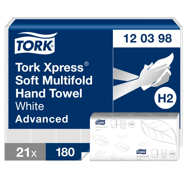 Een Handdoek Tork Xpress® H2 Multifold advanced 2-laags 21x180st wit 120398 koop je bij VHK Kantoorartikelen