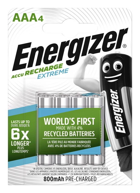 Een Batterij oplaadbaar Energizer 4xAAA 800mAh koop je bij VHK Kantoorartikelen