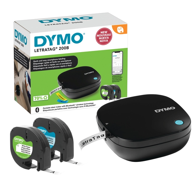 Een Labelprinter Dymo LetraTag 200B draagbaar bluetooth 12mm zwart promopack koop je bij Hoekmankantoorartikelen.nl