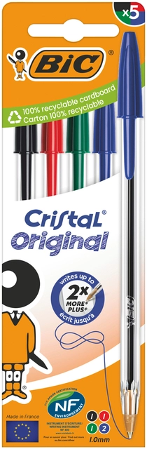 Een Balpen Bic Cristal medium assorti blister à 5 stuks koop je bij Hoekmankantoorartikelen.nl