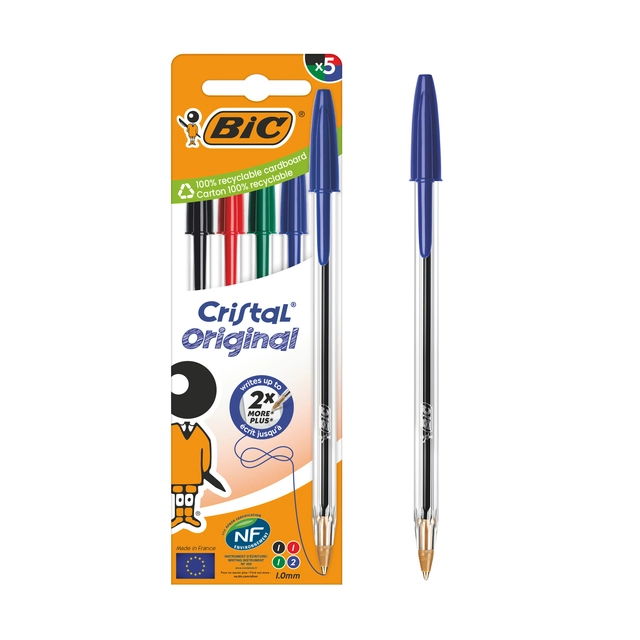 Een Balpen Bic Cristal medium assorti blister à 5 stuks koop je bij Hoekmankantoorartikelen.nl