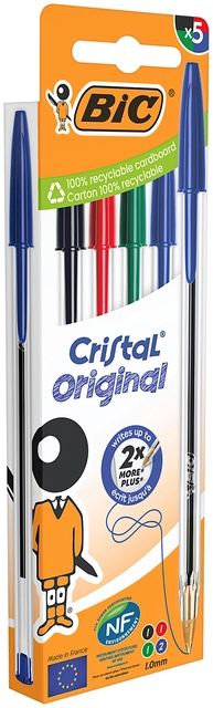 Een Balpen Bic Cristal medium assorti blister à 5 stuks koop je bij Hoekmankantoorartikelen.nl