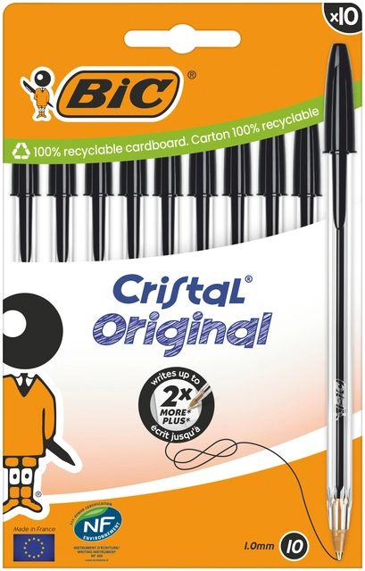 Een Balpen Bic Cristal medium zwart blister à 10 stuks koop je bij Hoekmankantoorartikelen.nl