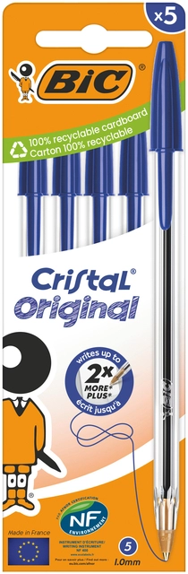 Een Balpen Bic Cristal medium blauw blister à 5 stuks koop je bij Hoekmankantoorartikelen.nl