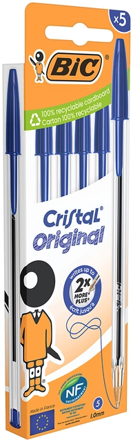 Een Balpen Bic Cristal medium blauw blister à 5 stuks koop je bij Hoekmankantoorartikelen.nl