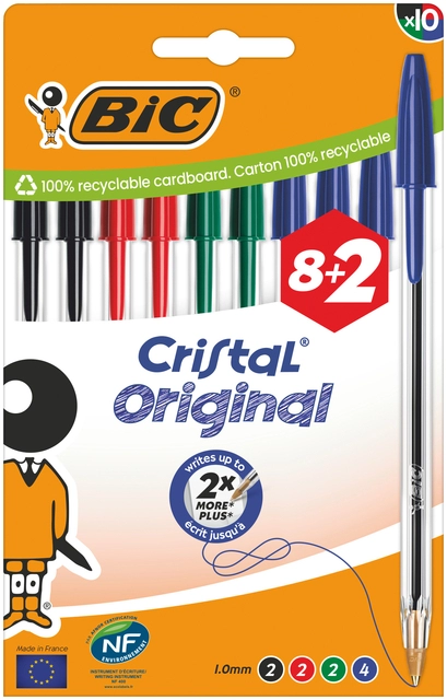 Een Balpen Bic Cristal medium assorti blister à 8+2 gratis koop je bij Hoekmankantoorartikelen.nl