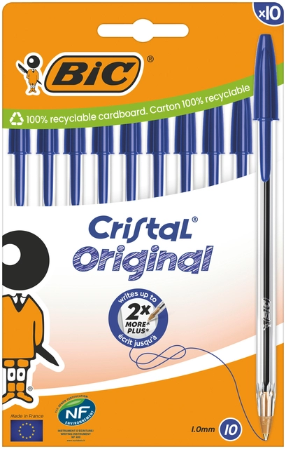 Een Balpen Bic Cristal medium blauw blister à 10 stuks koop je bij Hoekmankantoorartikelen.nl