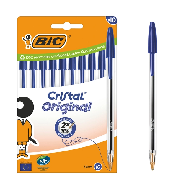 Een Balpen Bic Cristal medium blauw blister à 10 stuks koop je bij Hoekmankantoorartikelen.nl