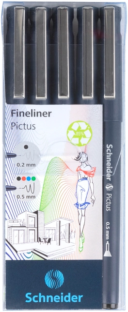 Een Fineliner Schneider Pictus assorti etui à 5 stuks koop je bij Hoekmankantoorartikelen.nl