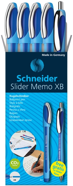 Een Balpen Schneider Slider Memo XB blauw set à 4 stuks + 1 gratis Slider balpen koop je bij VHK Kantoorartikelen