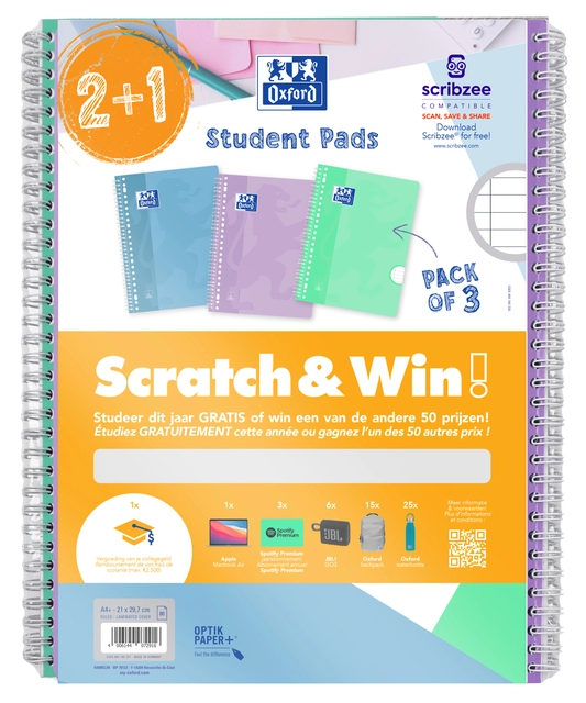 Een Collegeblok Oxford School A4+ lijn 23-gaats 160 pagina's 80gr pastel scratch&win assorti voordeelpak koop je bij Hoekmankantoorartikelen.nl