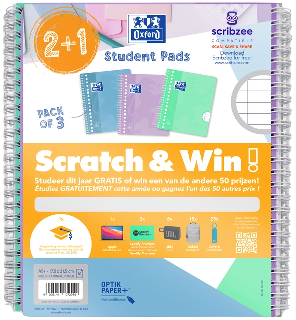 Een Collegeblok Oxford School A5+ lijn 17-gaats 160 pagina's 80gr pastel scratch&win assorti 3 stuks koop je bij Hoekmankantoorartikelen.nl