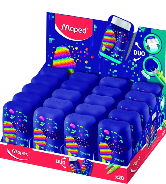 Een Puntenslijper Maped Pixel Party Connect 2-gaats met gum display à 20 stuks koop je bij Hoekmankantoorartikelen.nl