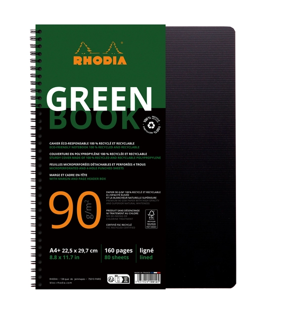 Een Notitieboek Rhodia Greenbook A4+ lijn 4-gaats 180 pagina's 90gr zwart koop je bij VHK Kantoorartikelen