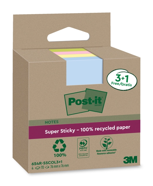 Een Memoblok 3M Post-it 654 RSSCOL 76x76mm assorti kleur 3+1 gratis koop je bij VHK Kantoorartikelen