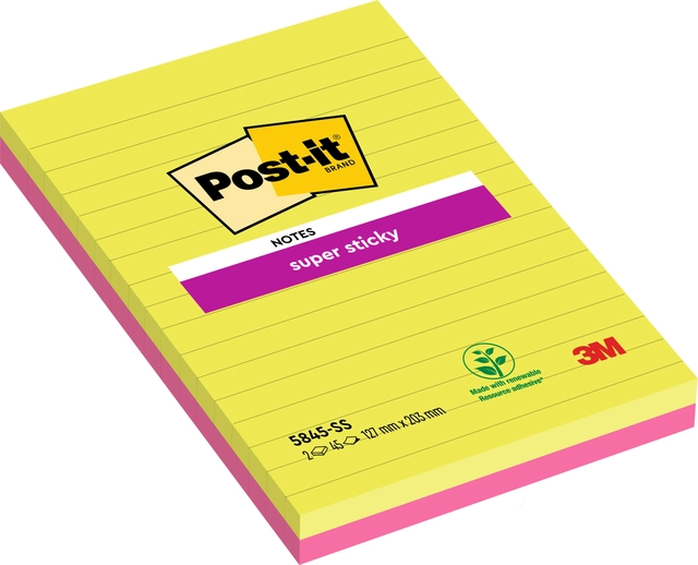 Een Memoblok 3M Post-it 5845 Super Sticky 127x203mm lijn assorti kleur 90 vel koop je bij Hoekmankantoorartikelen.nl