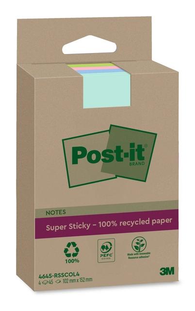 Een Memoblok 3M Post-it 4645-RSSCOL4 Super Sticky 102x152mm ass. Kleur 4 stuks koop je bij Hoekmankantoorartikelen.nl