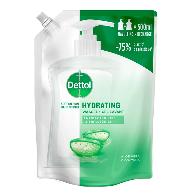 Een Handzeep Dettol Hydrating Aloe Vera antibacterieël 500ml refill koop je bij VHK Kantoorartikelen