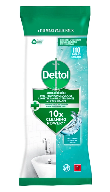 Een Reinigingsdoekjes Dettol antibacterieël Ocean 110 stuks koop je bij Hoekmankantoorartikelen.nl