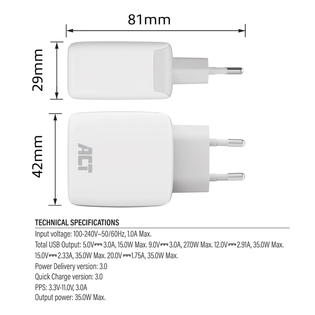 Een Oplader ACT 35w 1-poort usb c wit koop je bij VHK Kantoorartikelen