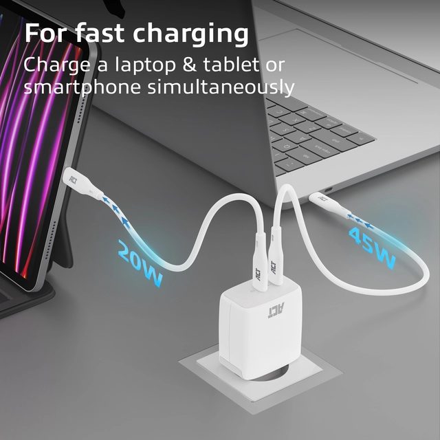 Een Oplader ACT 65w 2-poorts usb c wit koop je bij VHK Kantoorartikelen