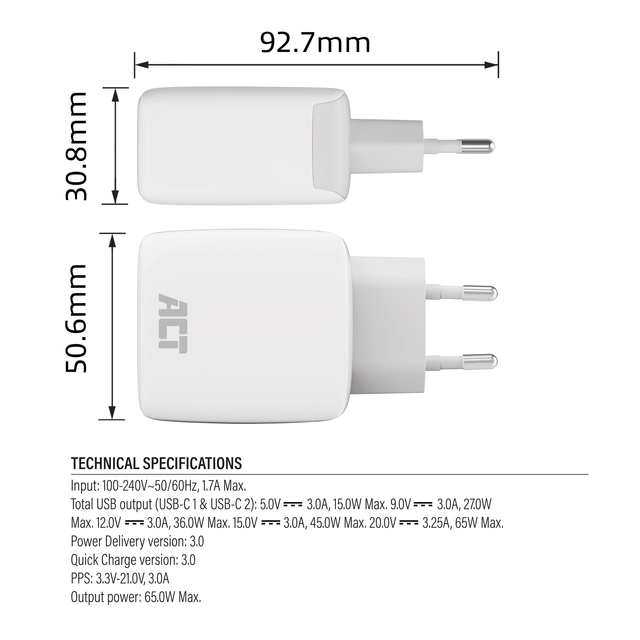 Een Oplader ACT 65w 2-poorts usb c wit koop je bij VHK Kantoorartikelen