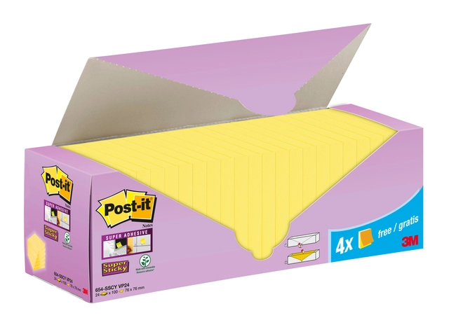 Een Memoblok 3M Post-it 654-SSCY Super Sticky 76x76mm geel voordeelpak koop je bij VHK Kantoorartikelen