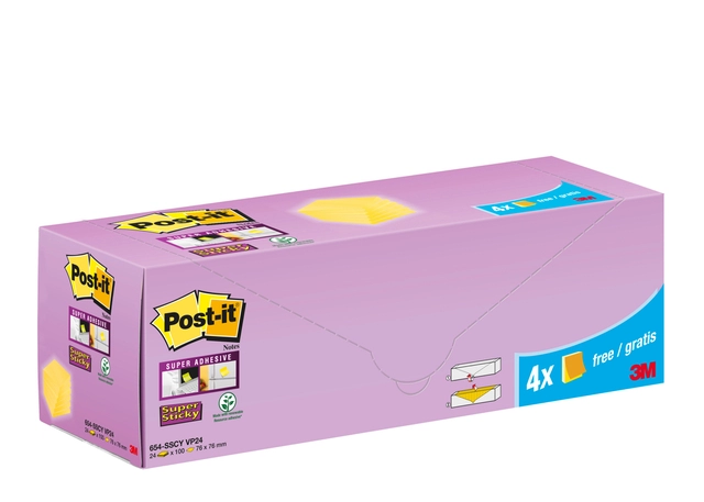 Een Memoblok 3M Post-it 654-SSCY Super Sticky 76x76mm geel voordeelpak koop je bij VHK Kantoorartikelen