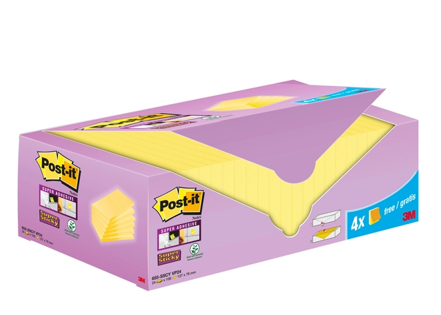 Een Memoblok 3M Post-it 655-SSCY Super Sticky 76x127mm geel voordeelpak koop je bij VHK Kantoorartikelen