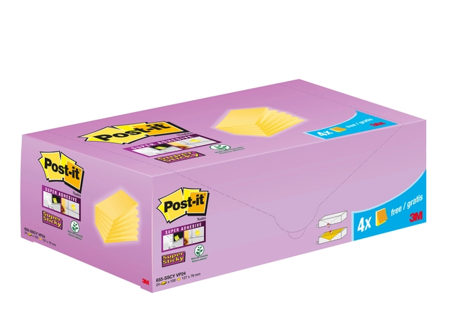 Een Memoblok 3M Post-it 655-SSCY Super Sticky 76x127mm geel voordeelpak koop je bij VHK Kantoorartikelen