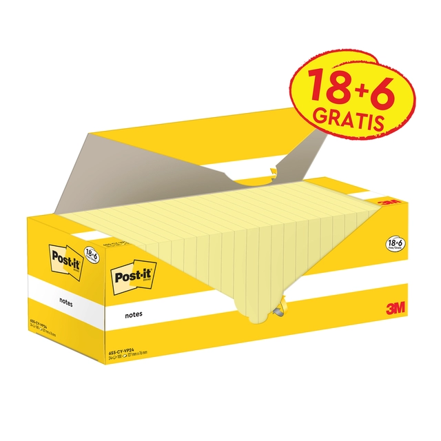 Een Memoblok 3M Post-it 655-CY 76x127mm geel voordeelpak koop je bij VHK Kantoorartikelen