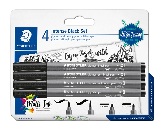 Een Brushpen Staedtler PigmentArts Intens zwart set à 4 schrijfbreedtes koop je bij Hoekmankantoorartikelen.nl