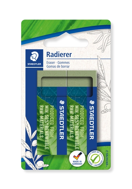 Een Gum Staedtler Eco 52680 65x23x10mm olijfgroen blister à 2 stuks koop je bij Hoekmankantoorartikelen.nl