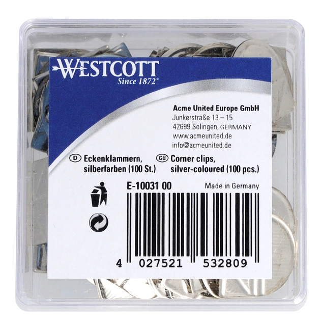 Een Hoekclips Westcott aluminium zilverkleurig doos à 100 stuks koop je bij VHK Kantoorartikelen