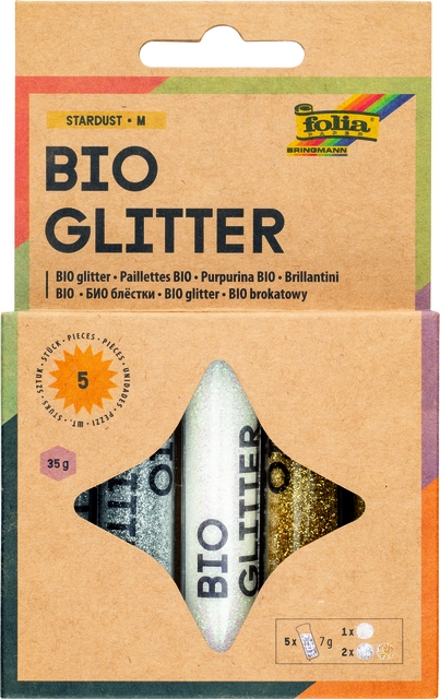 Een Glitterpoeder Bio Folia Stardust 7gr 5 stuks 3 kleuren koop je bij Hoekmankantoorartikelen.nl