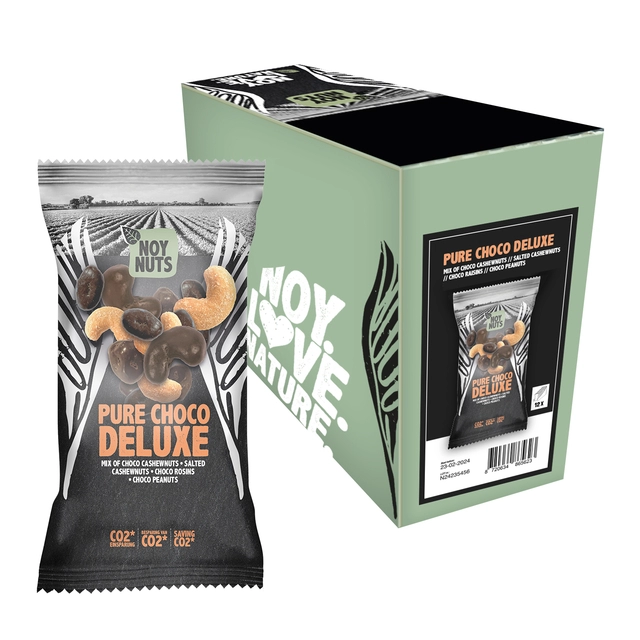 Een Cashewnoten NoyNuts pure choco deluxe mix zak 45 gram koop je bij VHK Kantoorartikelen