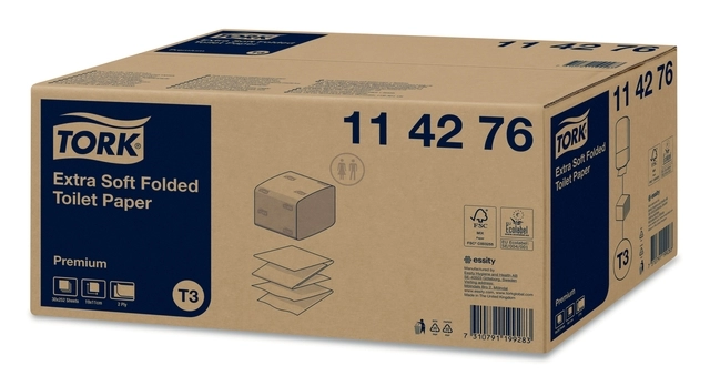 Een Toiletpapier Tork T3 gevouwen Premium Extra Soft 2-laags 30x252vel 114276 koop je bij Hoekmankantoorartikelen.nl