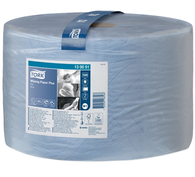 Een Poetspapier Tork Wiping Plus W1 2-laags 1500 vel blauw 130051 koop je bij Hoekmankantoorartikelen.nl