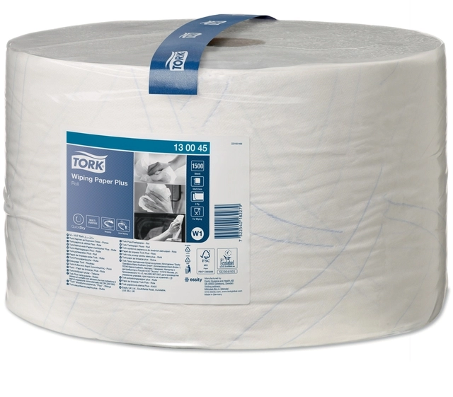 Een Poetspapier Tork Wiping Plus W1 2-laags 1500 vel wit 130045 koop je bij Hoekmankantoorartikelen.nl