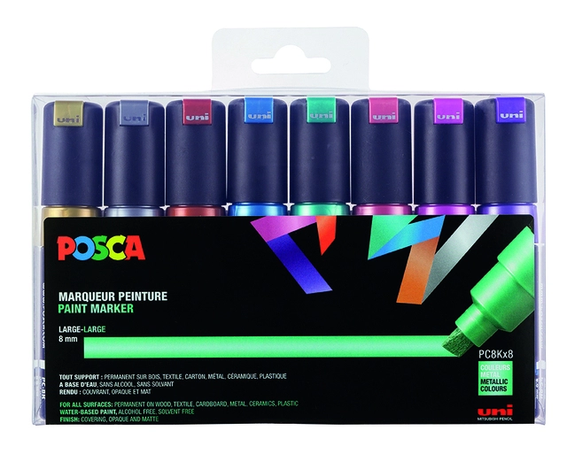 Een Verfstift Posca PC8K breed schuin metallic assorti set à 8 stuks koop je bij Hoekmankantoorartikelen.nl