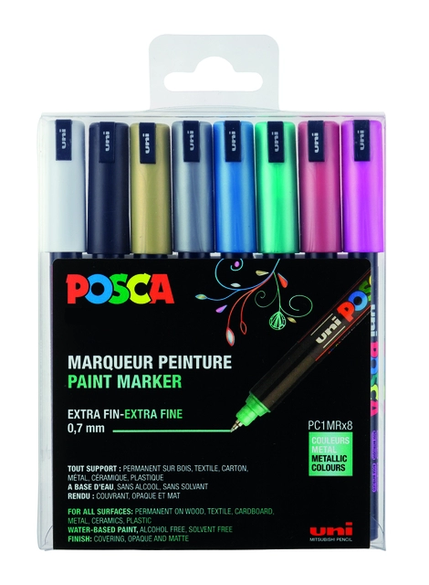 Een Verfstift Posca PC1MR extra fijn metallic assorti set à 8 stuks koop je bij Hoekmankantoorartikelen.nl