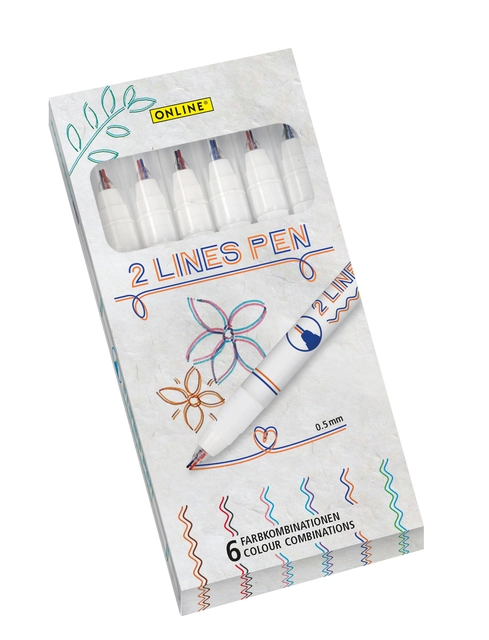 Een Fineliner Online 2-lijnen assorti doos à 6 stuks koop je bij Hoekmankantoorartikelen.nl