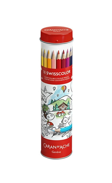 Een Kleurpotlood Caran d'ache Swisscolor met poster koker à 18 kleuren koop je bij Hoekmankantoorartikelen.nl