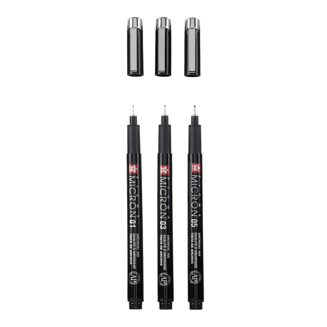 Een Fineliner Sakura Pigma Micron Black Edition set à 3 breedtes + gratis etui koop je bij Hoekmankantoorartikelen.nl