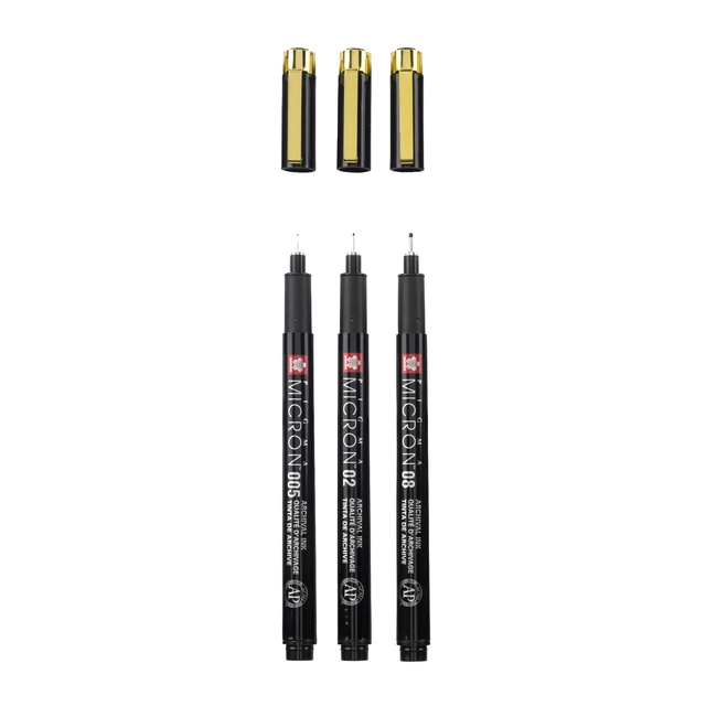 Een Fineliner Sakura Pigma Micron Black & Gold Edition set à 3 breedtes + gratis etui koop je bij Hoekmankantoorartikelen.nl